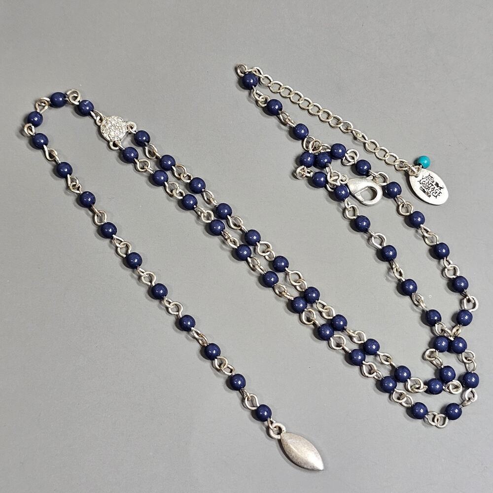 Nine West Vintage America Drop Y Necklace Navy Dark Blue Beads Silvertone
